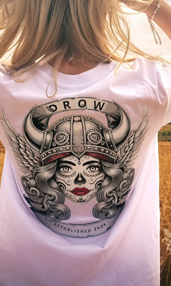 Woman wearing the DROW Rebel Valkyrie T-Shirt - White Back View