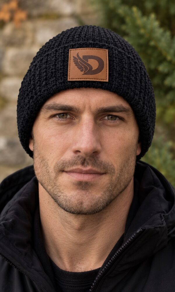 Man wearing the DROW Waffle Knit Beanie with brown faux leather winged D patch