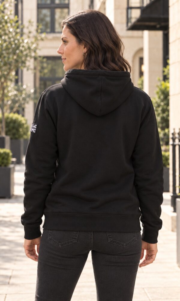 Woman wearing black DROW AJ Stealth Hoodie, rear view