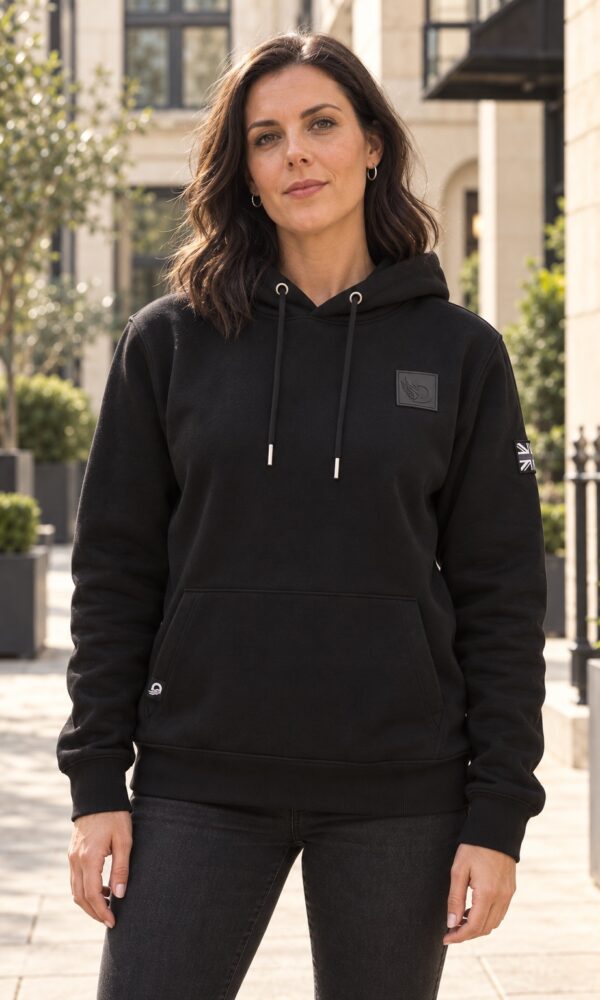Woman wearing black DROW AJ Stealth Hoodie, front view