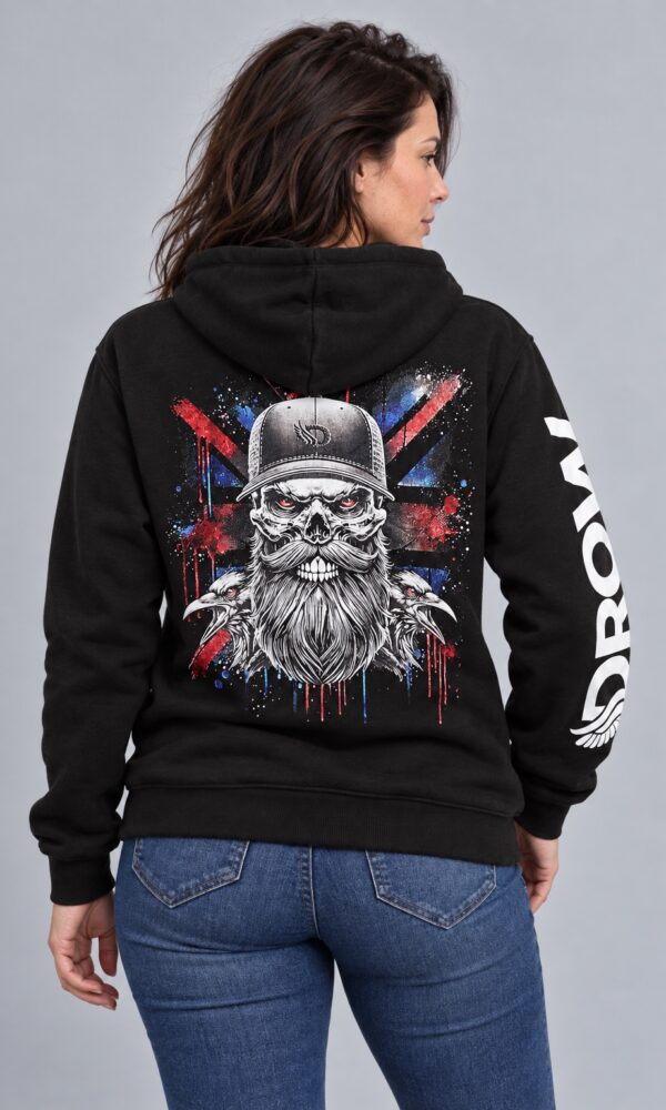 Woman wearing the black DROW Blood Feather hoodie, back view showing the Viking skull and Union Jack graphic