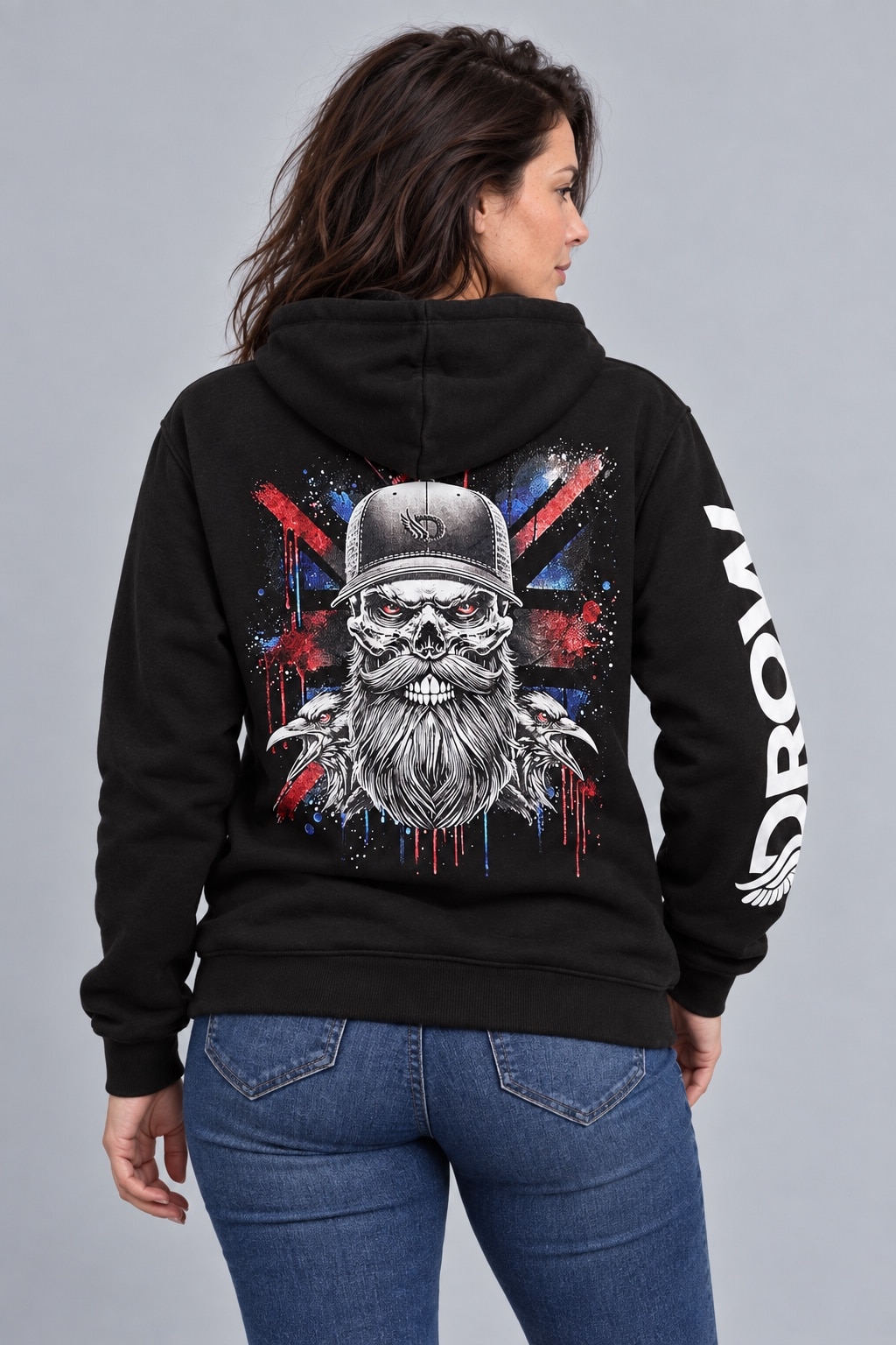 Woman wearing the black DROW Blood Feather hoodie, back view showing the Viking skull and Union Jack graphic