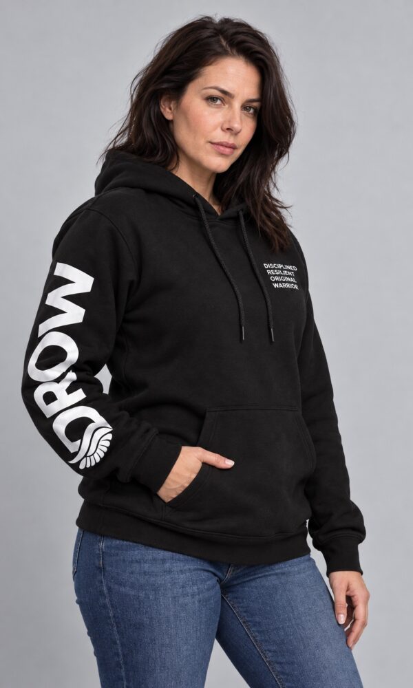 Woman wearing the black DROW Blood Feather hoodie, front view with DROW print on the right sleeve