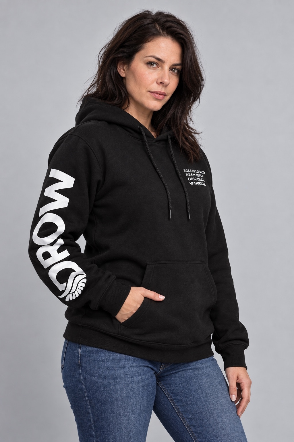 Woman wearing the black DROW Blood Feather hoodie, front view with DROW print on the right sleeve