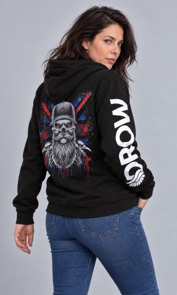 Woman wearing the black DROW Blood Feather hoodie, three-quarter view showing the right sleeve print and back graphic