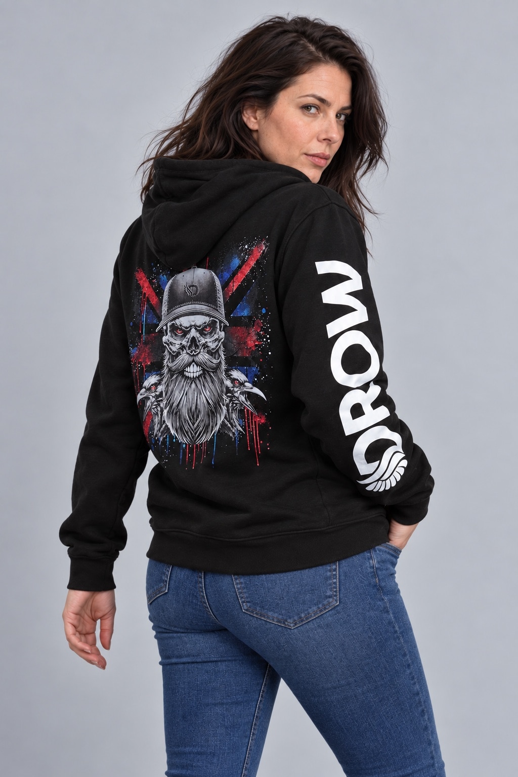 Woman wearing the black DROW Blood Feather hoodie, three-quarter view showing the right sleeve print and back graphic