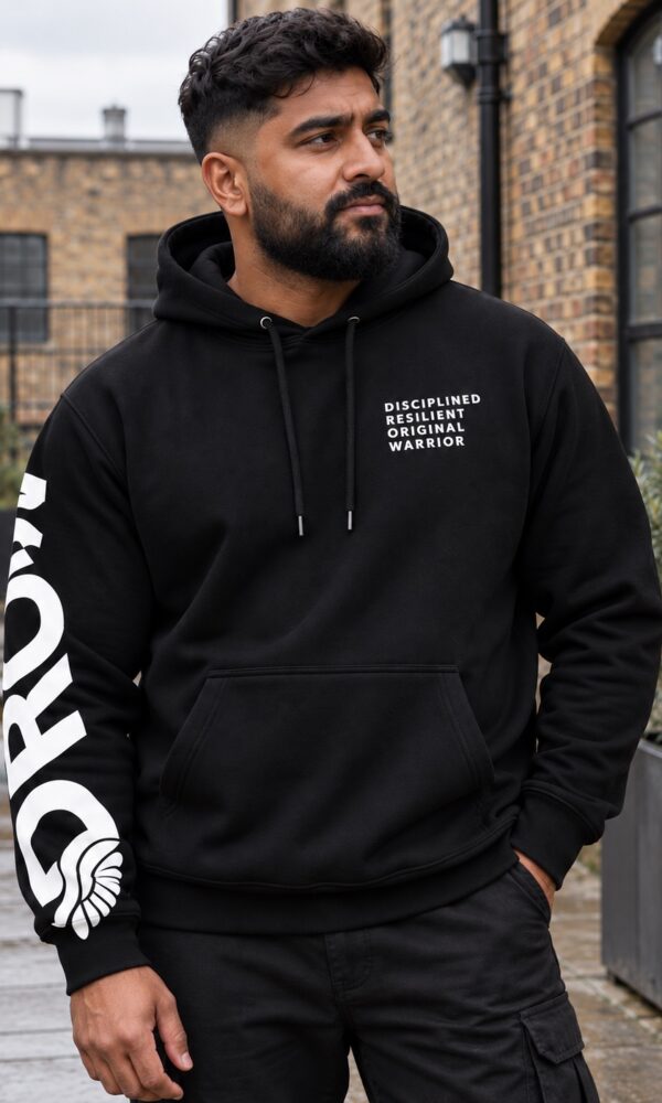 Man wearing the DROW Blood Feather Hoodie with smooth white DROW sleeve print, front view