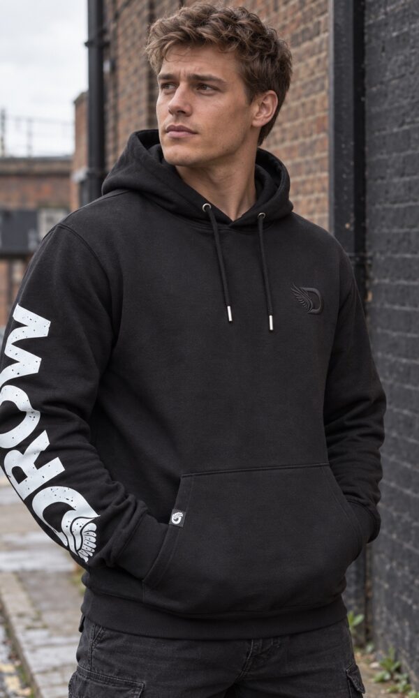 Male model wearing the DROW Relic Big D Hoodie, front view