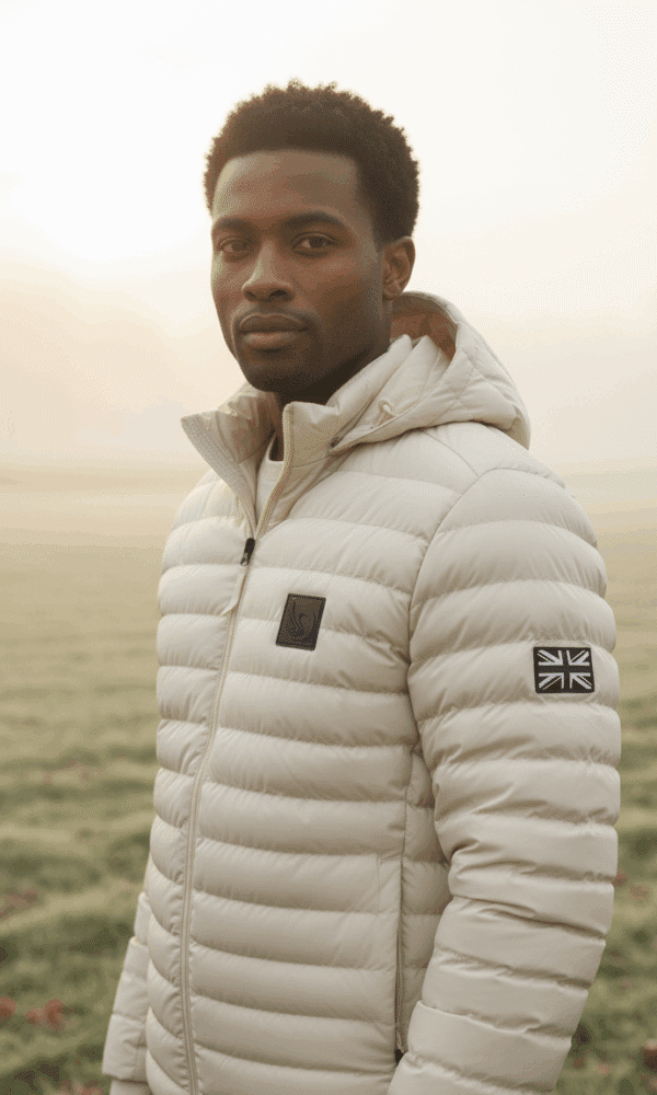 Young man wearing the DROW Wear cream padded coat with Union Jack sleeve patch, standing in a frosty sunrise field.