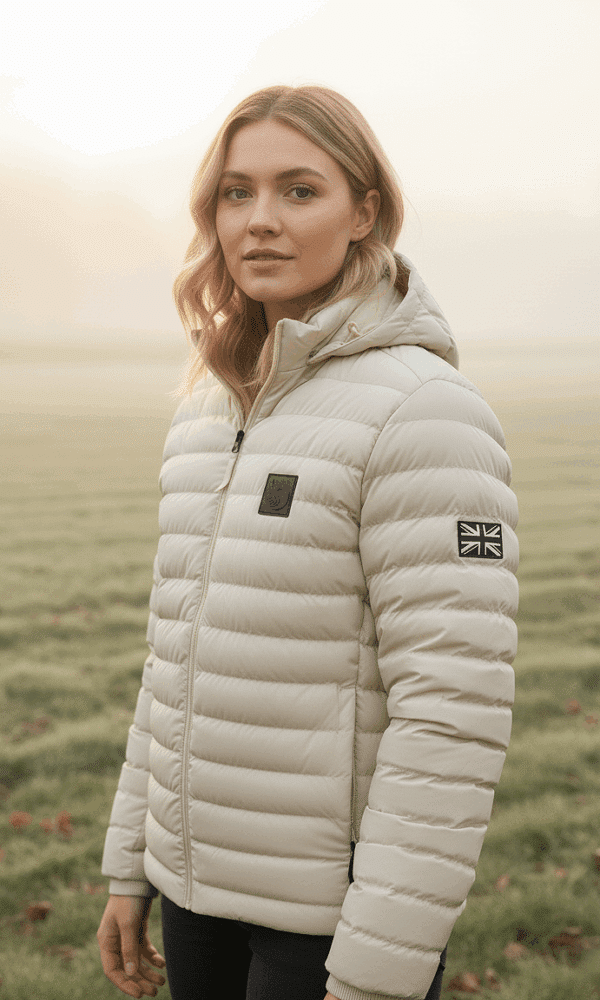 Women’s cream padded DROW Wear coat with British military-inspired Union Jack sleeve patch, photographed in a frosty sunrise field.
