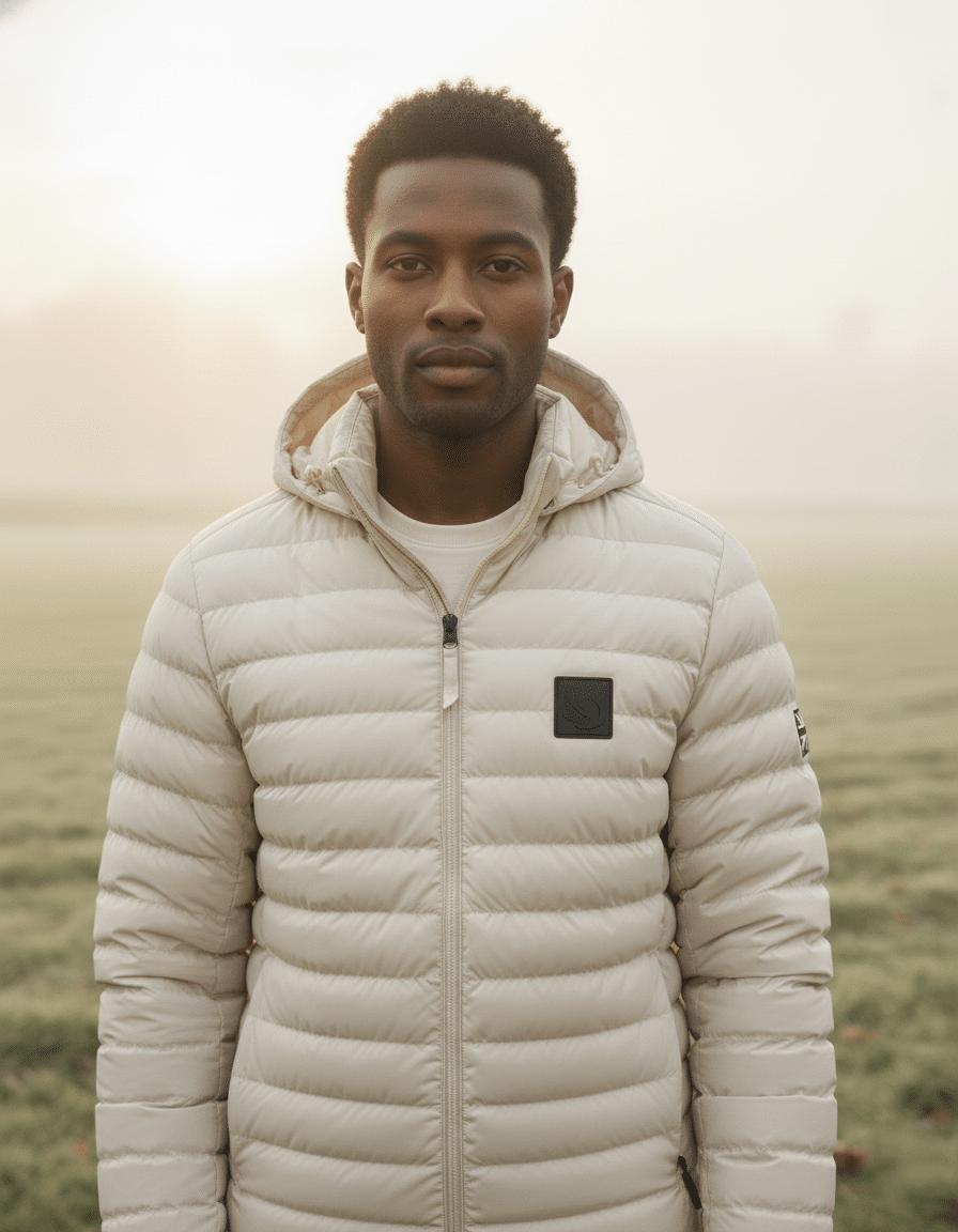 Front portrait of a man wearing the DROW Wear cream padded coat with military-inspired Union Jack patch.