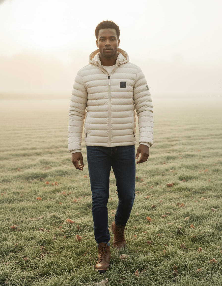 Full-body walking shot of a man wearing the DROW Wear cream padded coat, stepping forward across a frosty field.