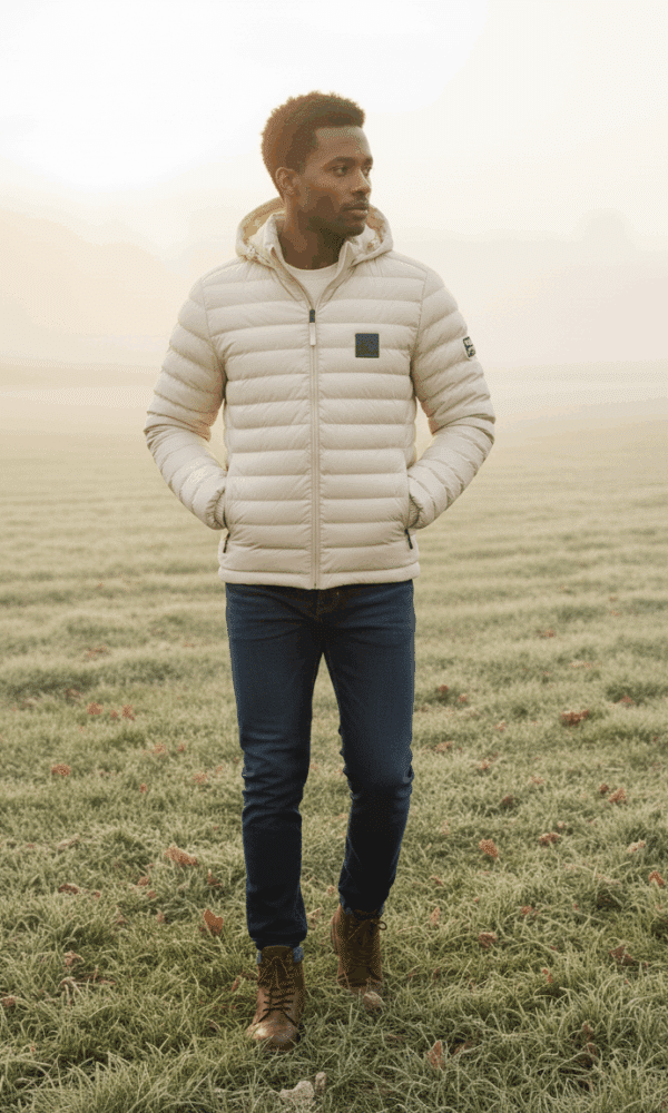 Man walking through a frosty field wearing the DROW Wear cream padded coat with hands in pockets.