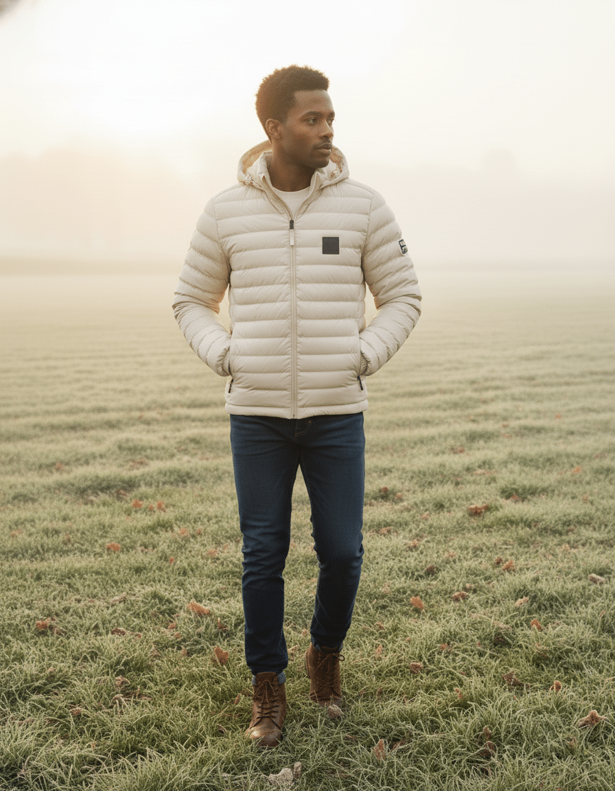 Man walking through a frosty field wearing the DROW Wear cream padded coat with hands in pockets.