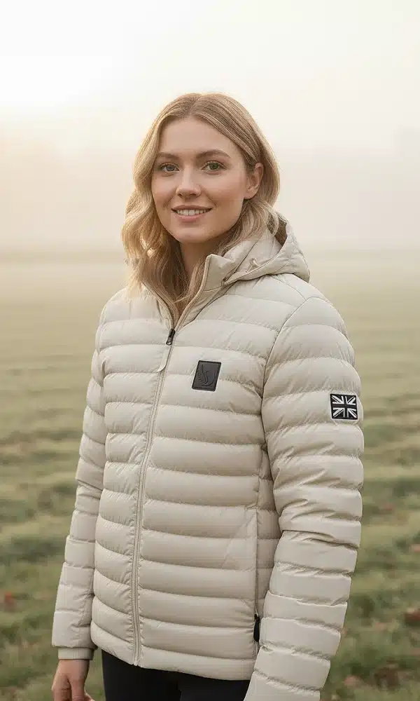 Front portrait of a woman wearing the cream DROW Wear padded coat with British military-style Union Jack patch, smiling in a misty morning field.
