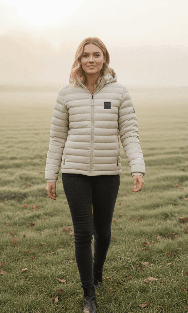 Women’s cream DROW Wear insulated coat with British military-heritage Union Jack patch, model walking across a frosty field at sunrise.
