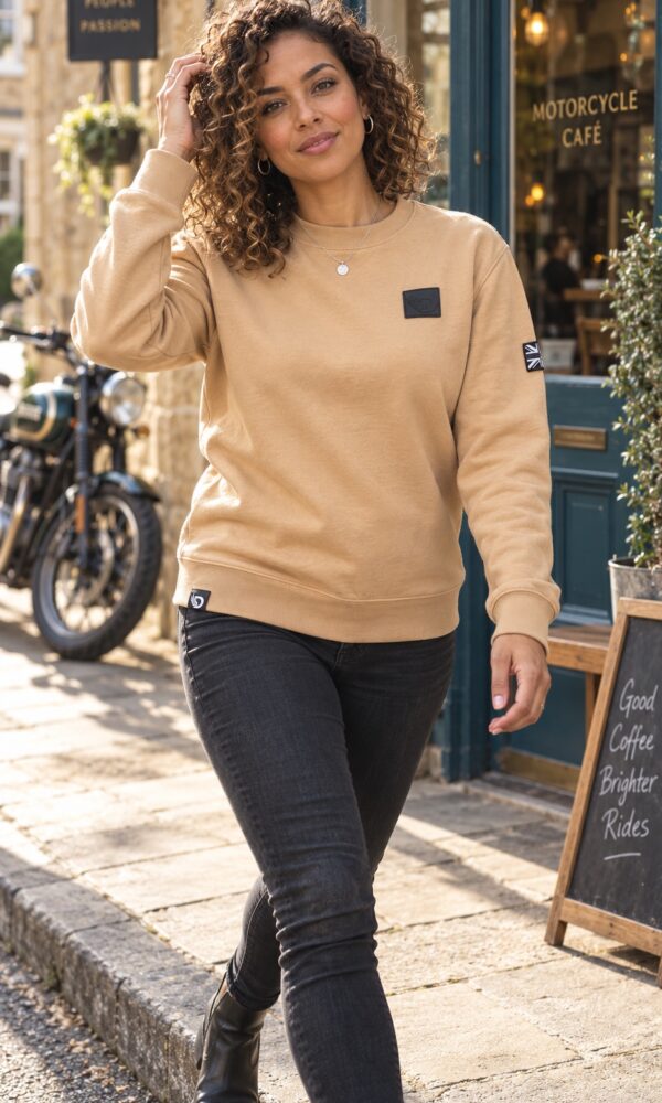 Woman wearing the tan DROW Desert Stealth Sweatshirt, front view