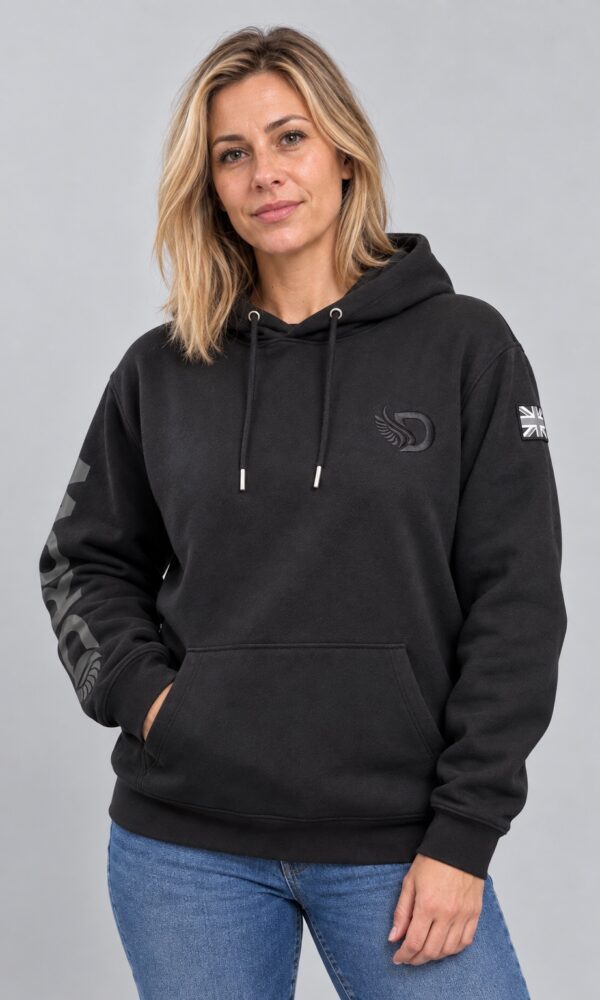Blonde woman wearing the female DROW Graphite Big D Hoodie, front view