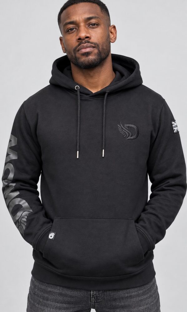 Man wearing the DROW Graphite Big D Hoodie, front view