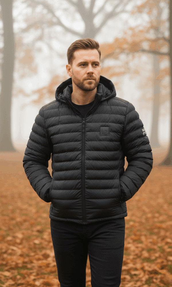 Man walking through an autumn forest wearing a black padded DROW Wear coat with British military style Union Jack patch.
