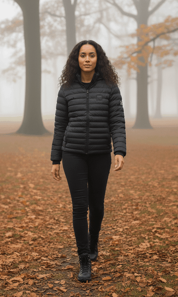 Full-body walking shot of woman wearing DROW Wear black padded coat in a foggy autumn forest, showcasing fit and movement.