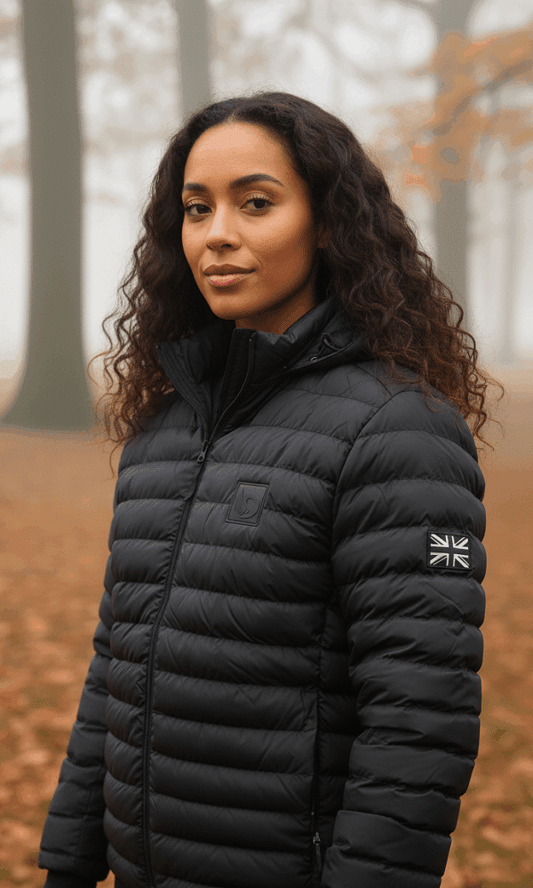 Close-up 3/4 portrait of woman wearing DROW Wear black coat in an autumn woodland setting, showing quilting and Union Jack patch.