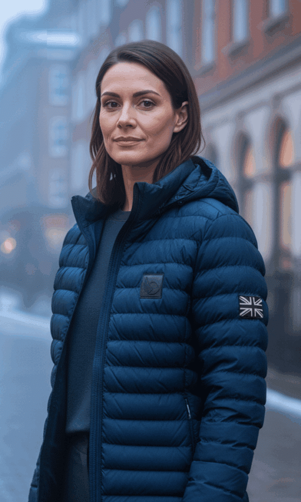 Woman wearing the navy DROW padded coat with British military-inspired detailing, photographed on a foggy Colmore Row street.