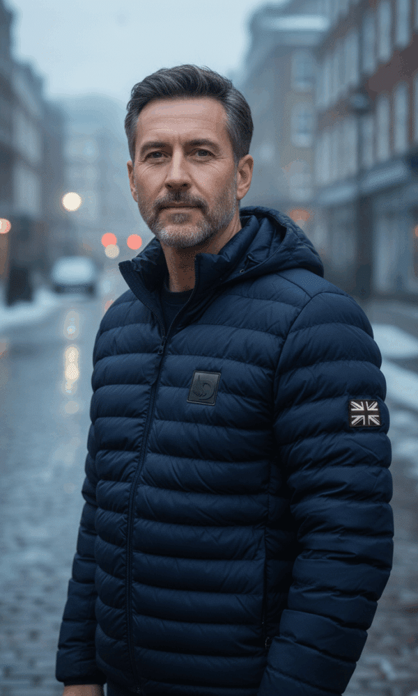 Man wearing DROW Wear navy padded coat with British military-inspired sleeve patch in a foggy city street.