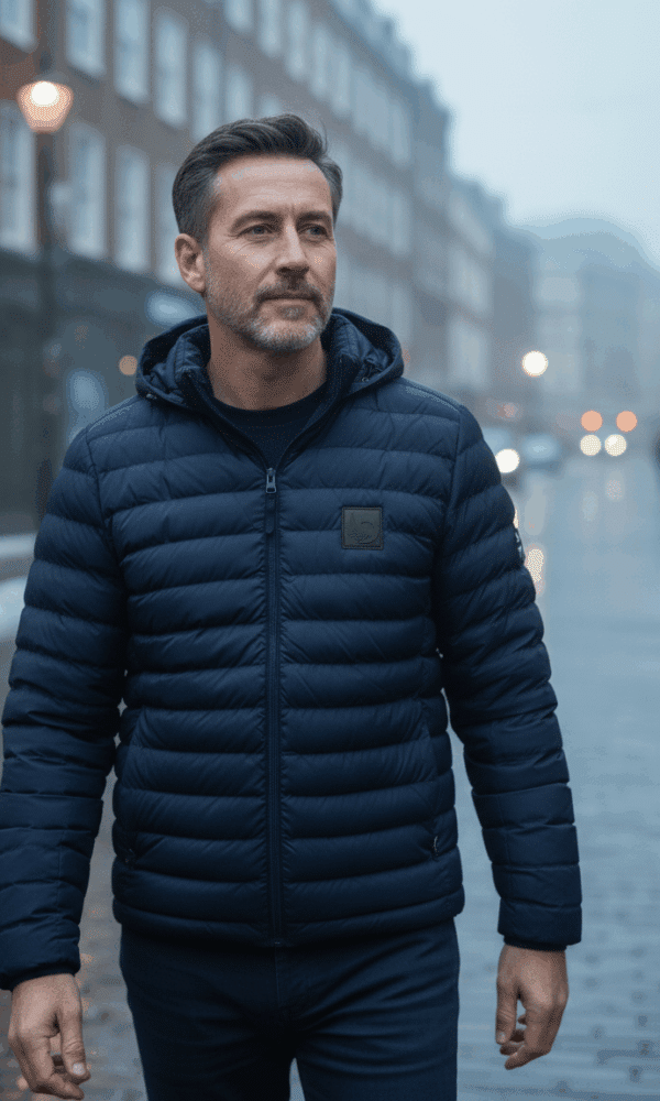 Front view of man wearing DROW Wear navy padded coat with military-inspired Union Jack patch in misty urban setting.
