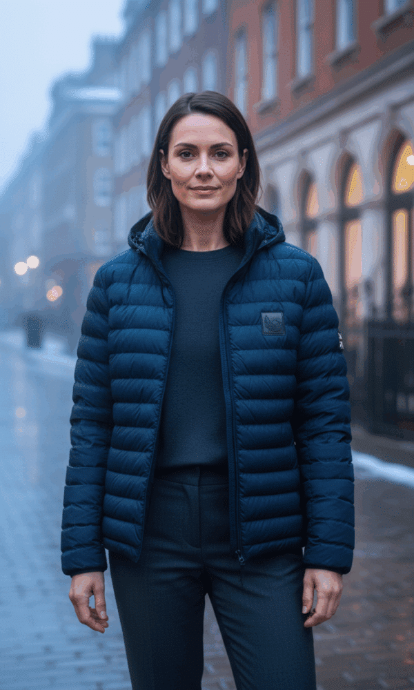 Woman facing the camera wearing the navy DROW padded coat with British heritage sleeve patch on Colmore Row.