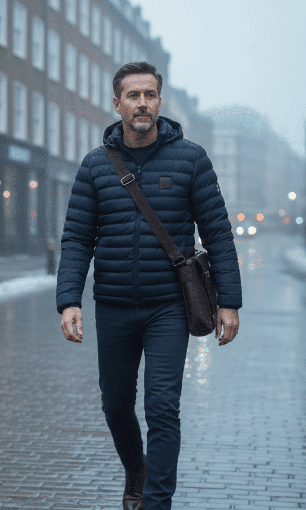 Man walking in navy DROW Wear padded coat with military-heritage patch on a misty British city street.