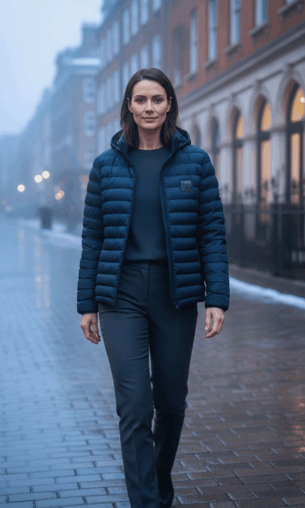 Woman walking along Colmore Row wearing the navy DROW padded coat featuring British military-inspired details.