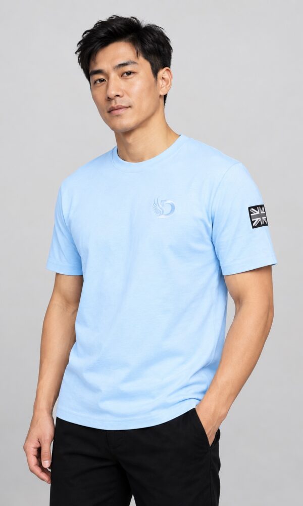 Male model wearing the DROW Ice Blue T-Shirt, front view with tonal winged D embroidery and monochrome Union Jack sleeve patch