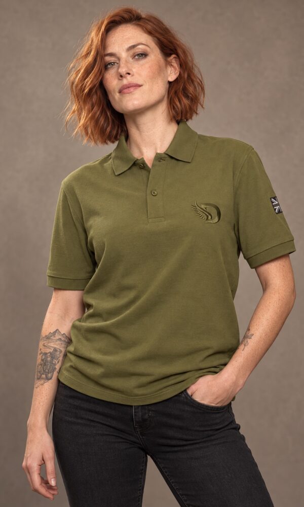 Red-haired woman wearing the DROW Khaki Field Polo, front view