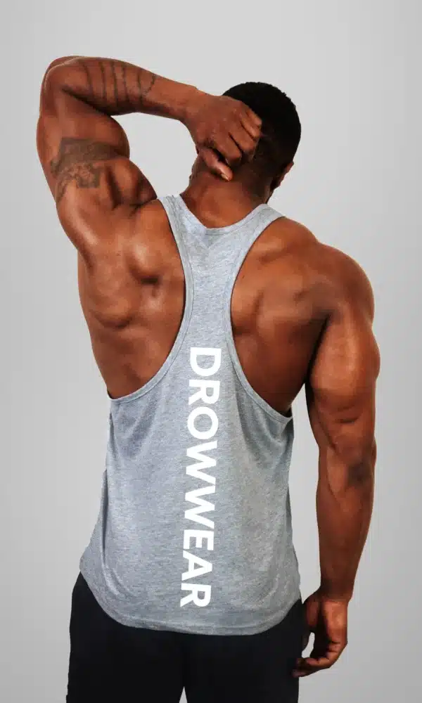 Back View of the DROW Outrider Grey Vest on a model with muscles