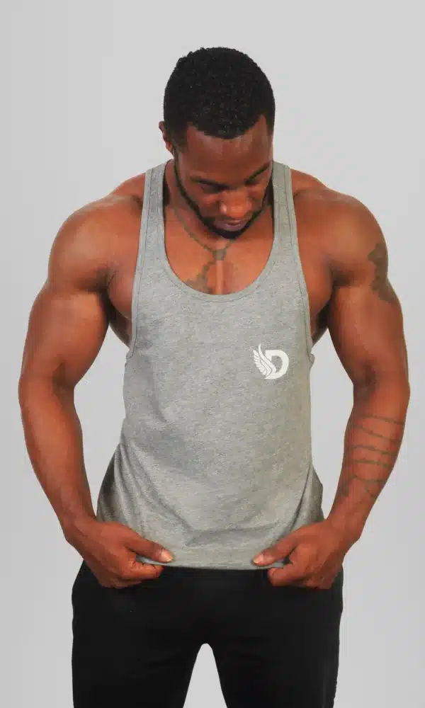 Front View of the DROW Outrider Grey Vest on a model with muscles and head down