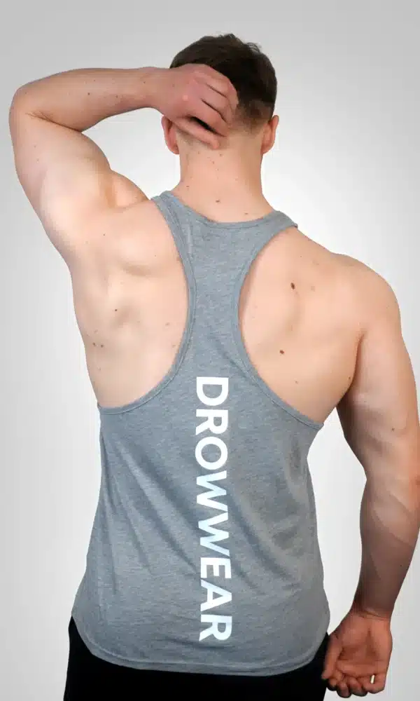 Back View of the DROW Outrider Grey Vest on a model with muscles