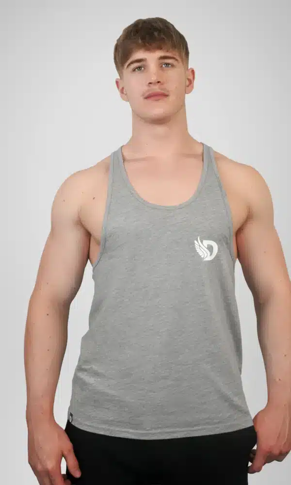 Front View of the DROW Outrider Grey Vest on a model with muscles