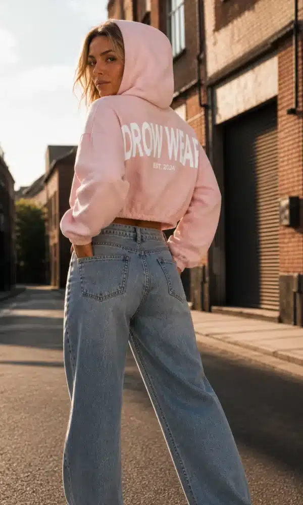 Woman wearing the Fearless Pink Oversized Cropped Hoodie in a second rear view