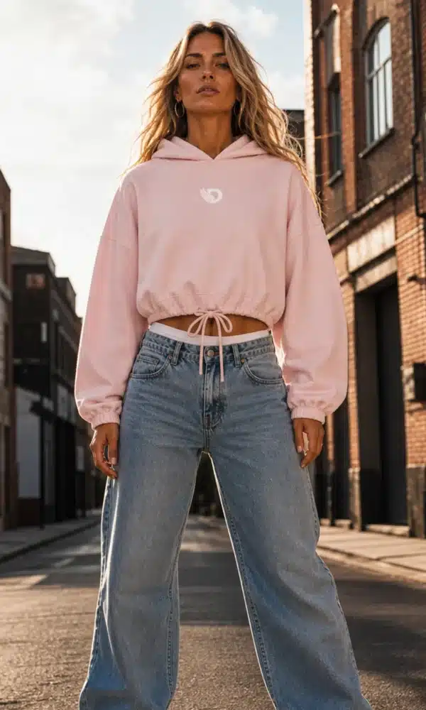 Woman wearing the Fearless Pink Oversized Cropped Hoodie in the main product image