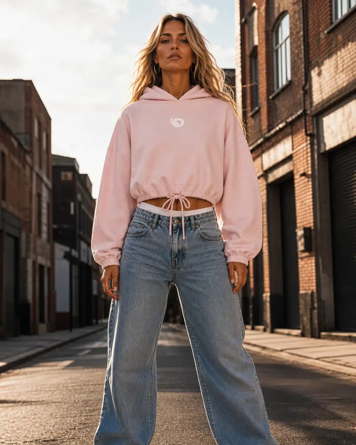 Woman wearing the Fearless Pink Oversized Cropped Hoodie in the main product image