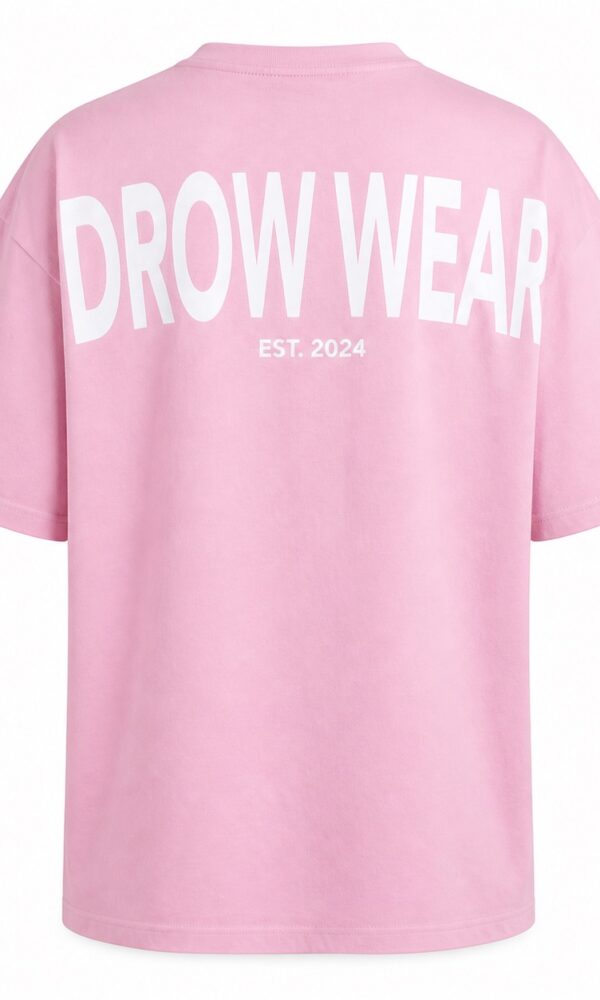 Back product view of the soft pink oversized boyfriend tee with DROW WEAR graphic