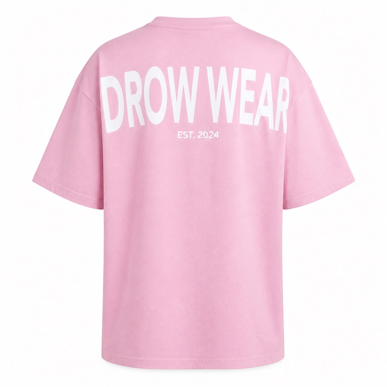 Back product view of the soft pink oversized boyfriend tee with DROW WEAR graphic