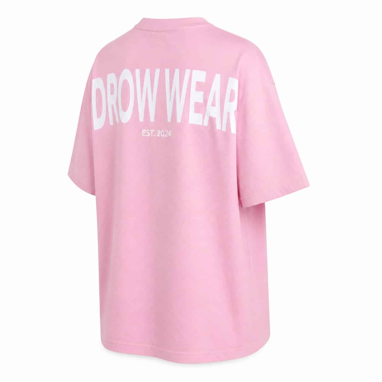 Back right view of the soft pink oversized boyfriend tee and DROW WEAR graphic