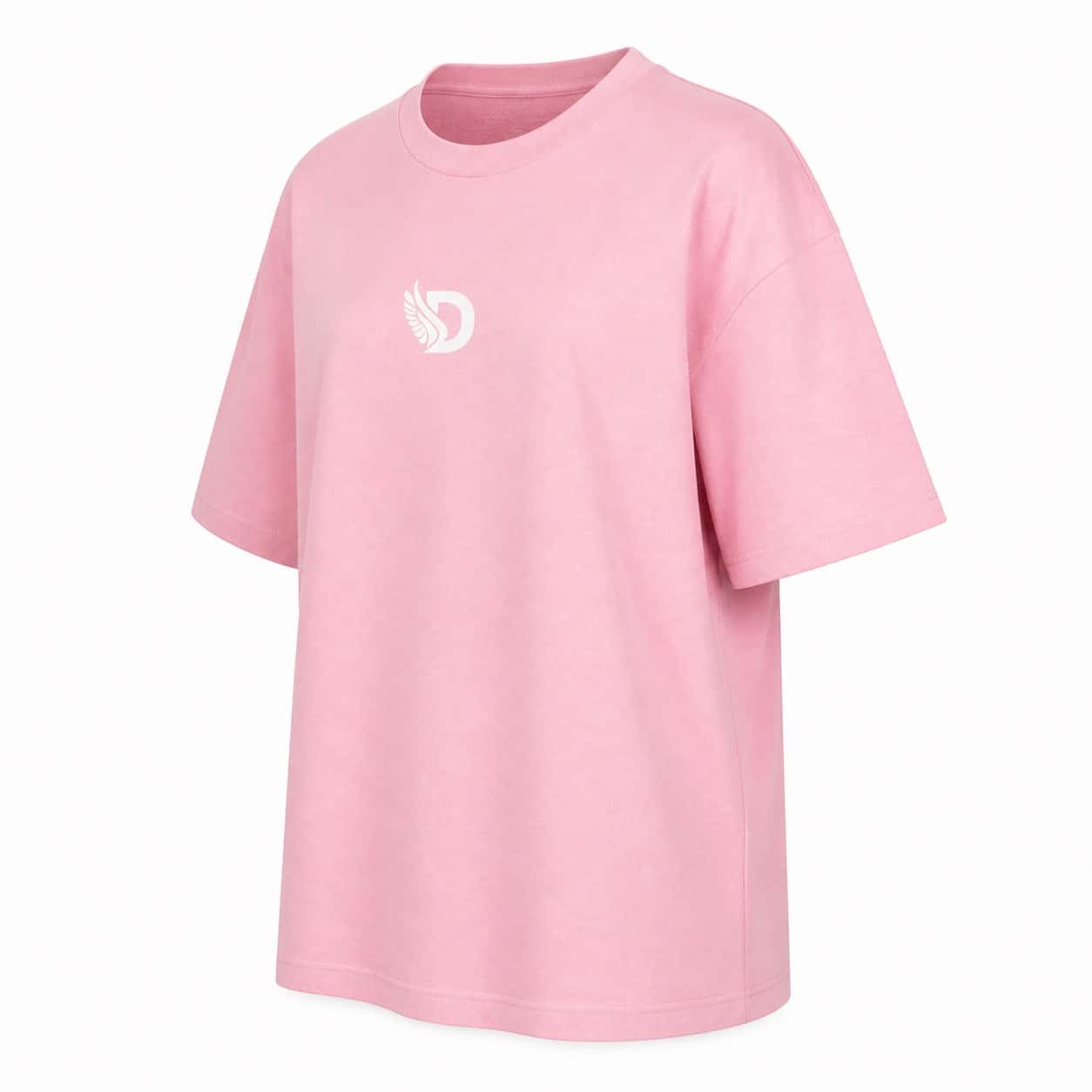 Front left view of the soft pink oversized boyfriend tee