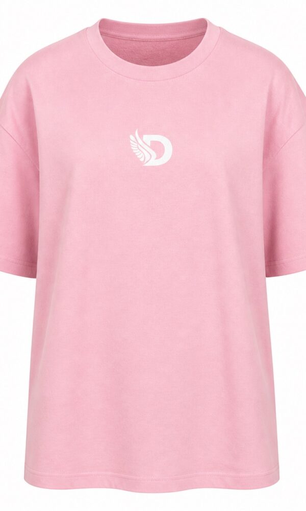 Front product view of the soft pink oversized boyfriend tee with white D logo