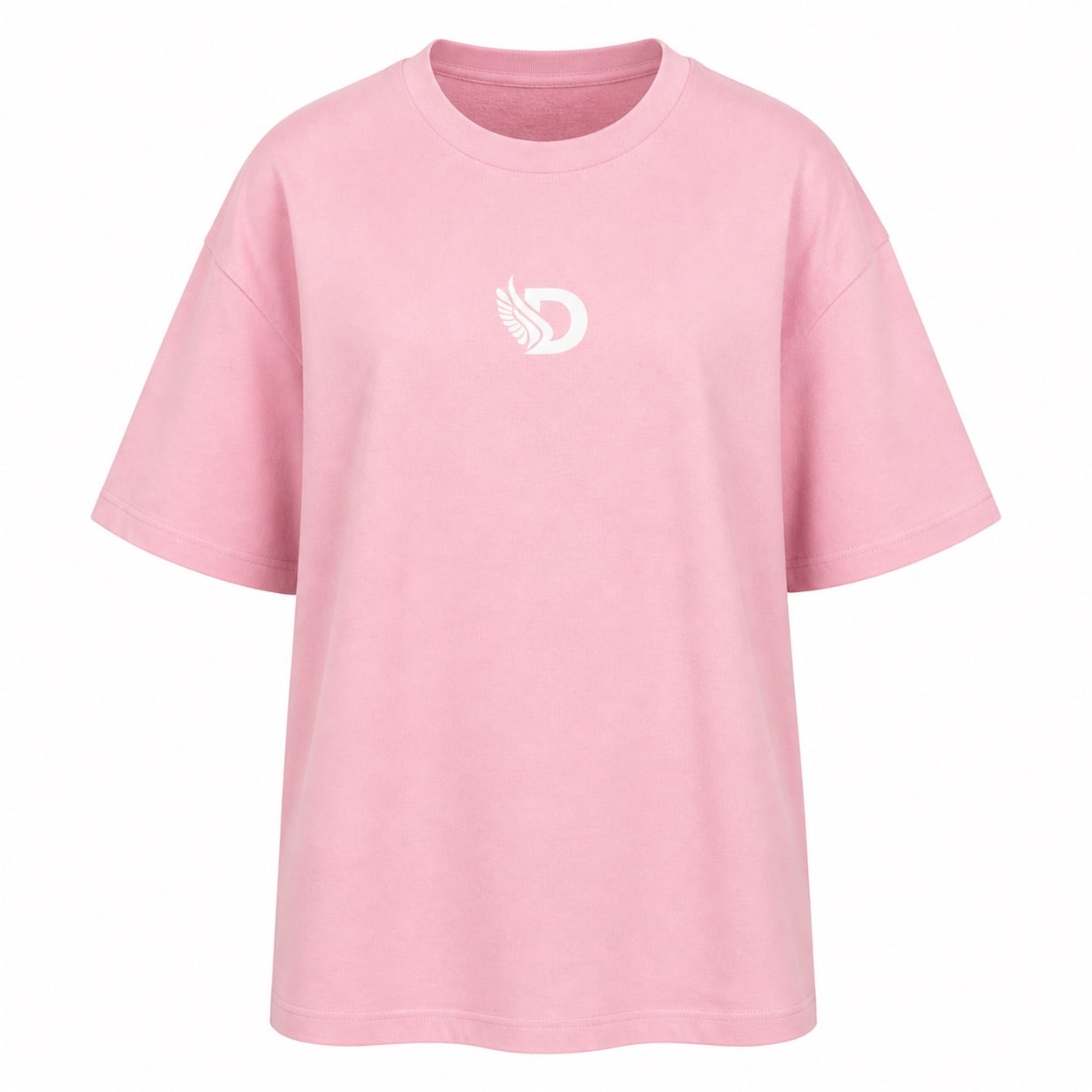 Front product view of the soft pink oversized boyfriend tee with white D logo