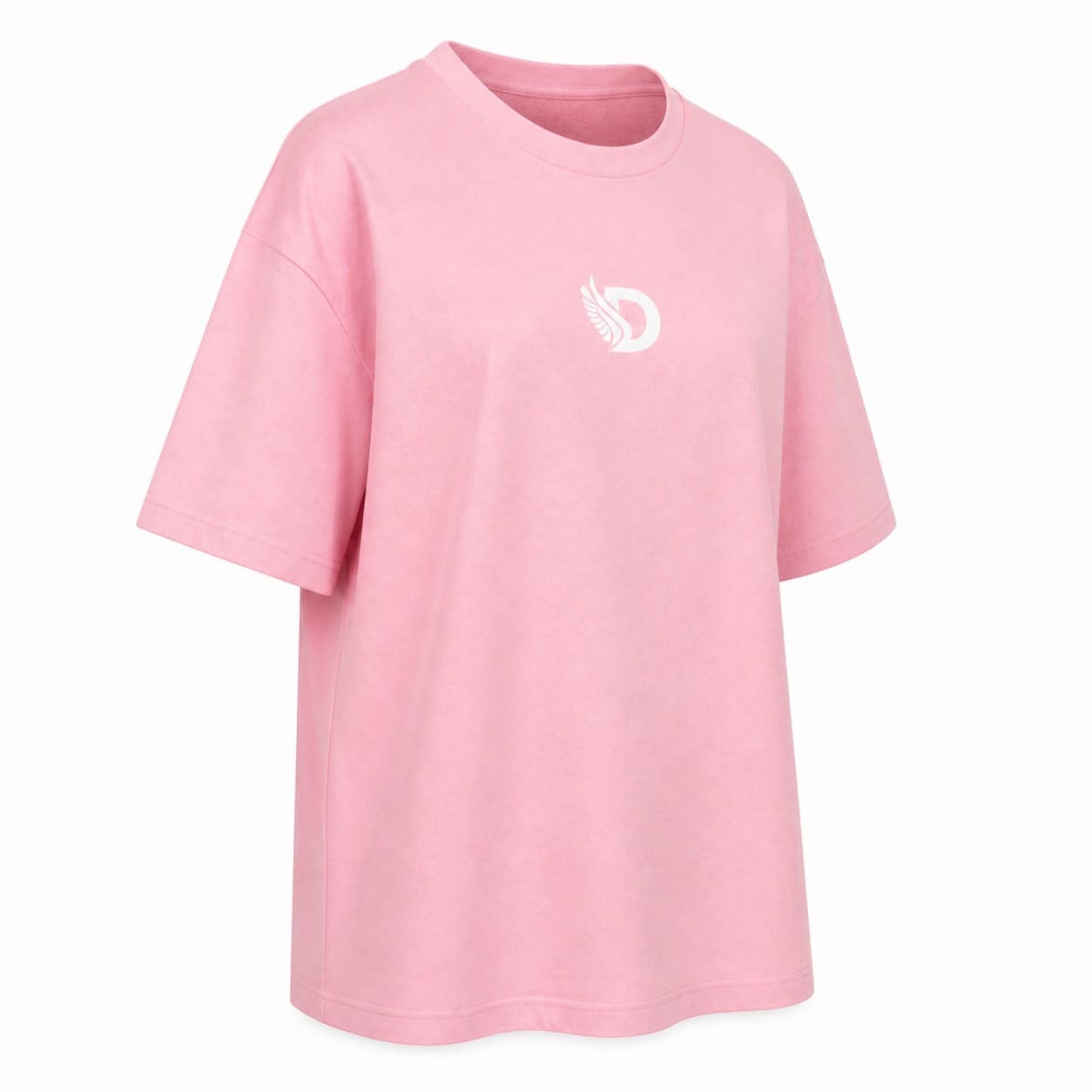 Front right view of the soft pink oversized boyfriend tee
