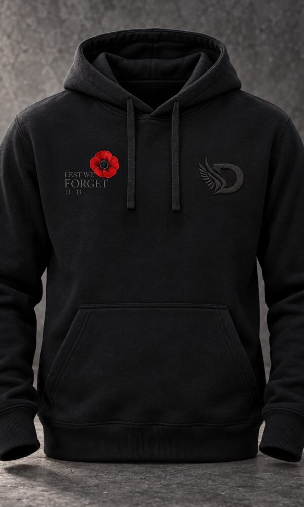 Black DROW Lest We Forget Hoodie, front view with red poppy, 11·11 and DROW chest details