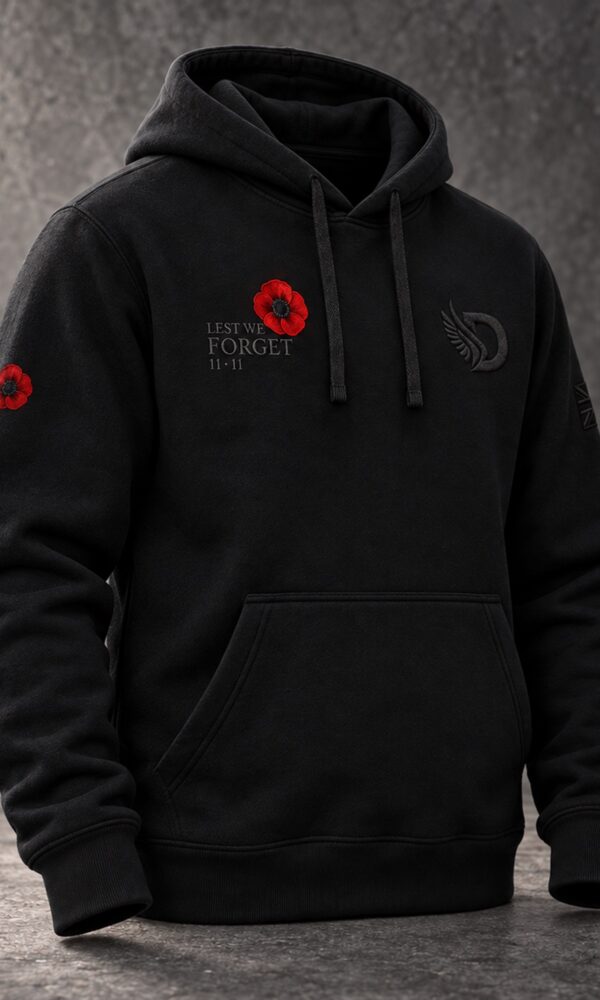 Black DROW Lest We Forget Hoodie, front three-quarter view showing the right sleeve
